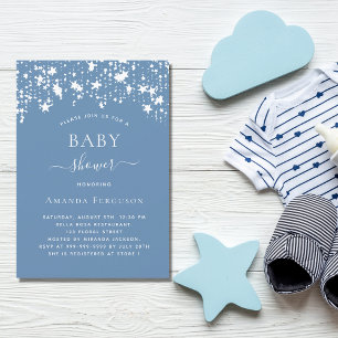 Dusty blue white stars boy baby shower invitation