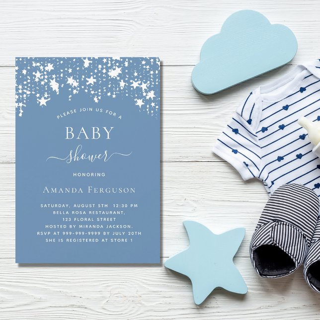 Dusty blue white stars boy baby shower invitation (Creator Uploaded)