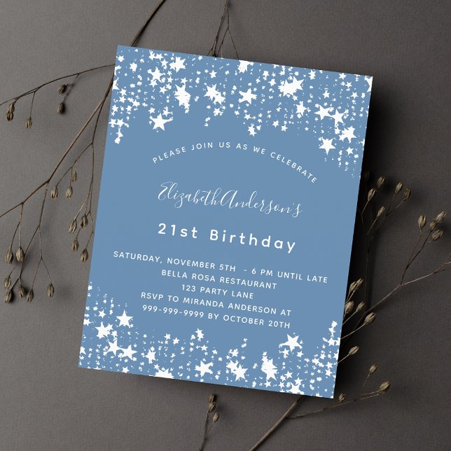 Dusty blue white stars budget birthday nvitation flyer (Creator Uploaded)