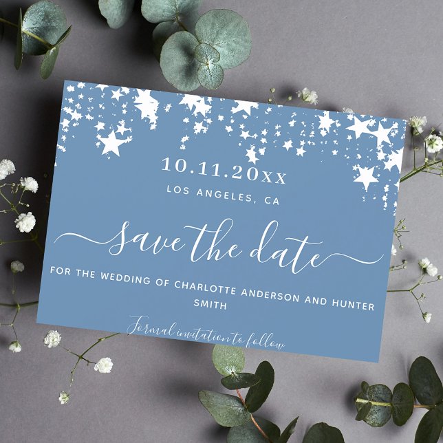Dusty blue white stars wedding save the date (Creator Uploaded)