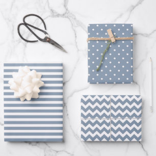 Dusty Blue & White Stripes Polka Dot Chevron  Wrapping Paper Sheet