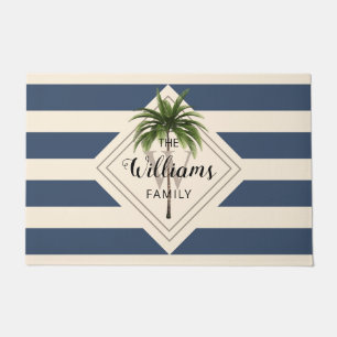 Dusty Blue White Stripes Tropical Beach Monogram Doormat