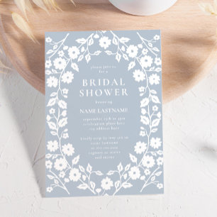 Dusty Blue White Stylish Folk Floral Bridal Shower Invitation