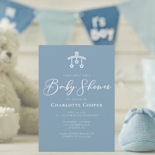 Dusty Blue White Typography Baby Shower Invitation