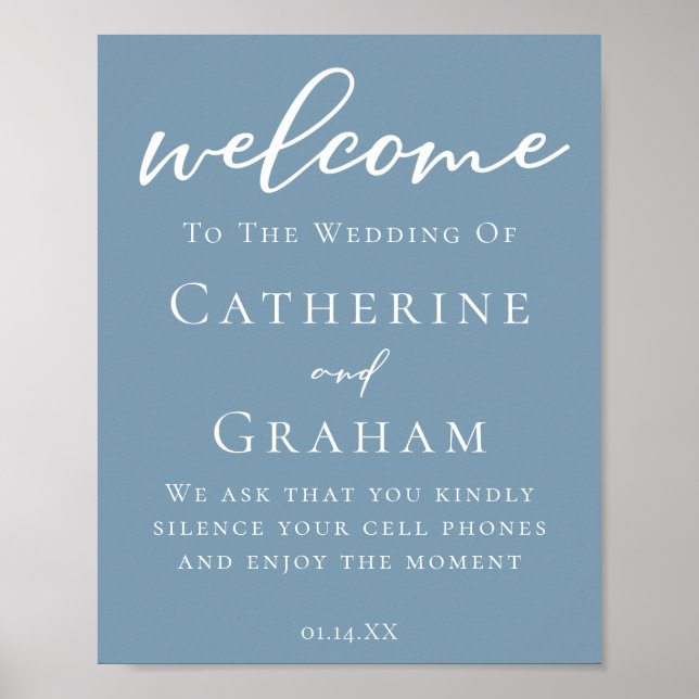 Dusty Blue White Typography Coastal Wedding Poster (Front)