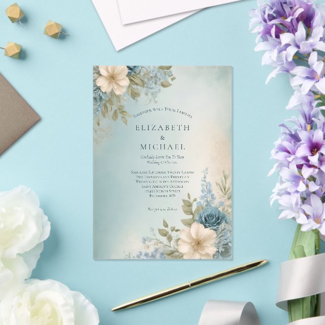 Dusty Blue White Watercolor Floral Wedding Acrylic Invitations (Insitu (Wedding))