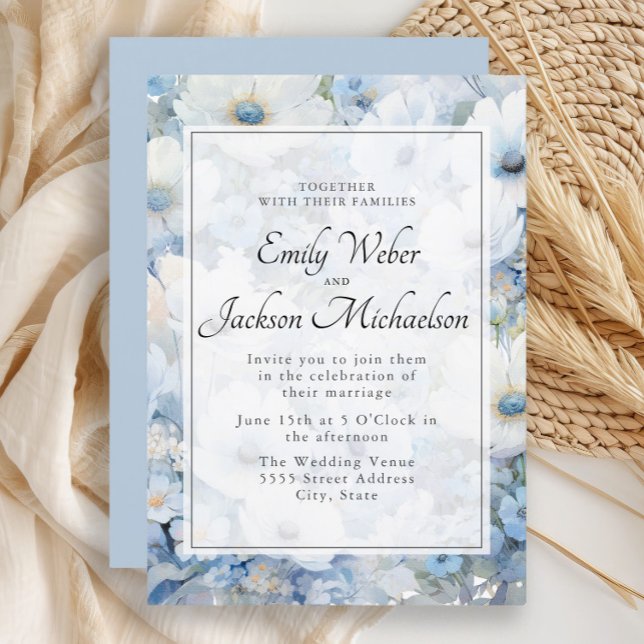 Dusty Blue White Watercolor Floral Wedding  Invitation (Elegant dusty blue and white watercolor floral wedding invitation)