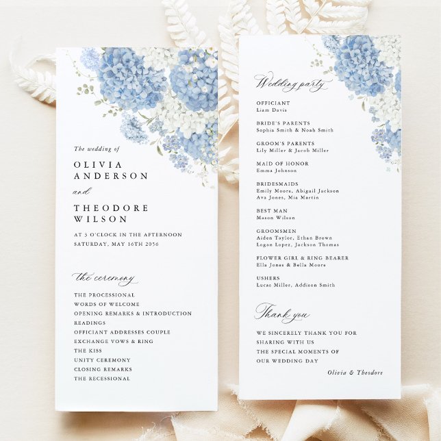 Dusty Blue White Watercolor Wedding Ceremony Program (Dusty blue white hydrangea watercolor wedding ceremony program, front & back, elegant stationery)