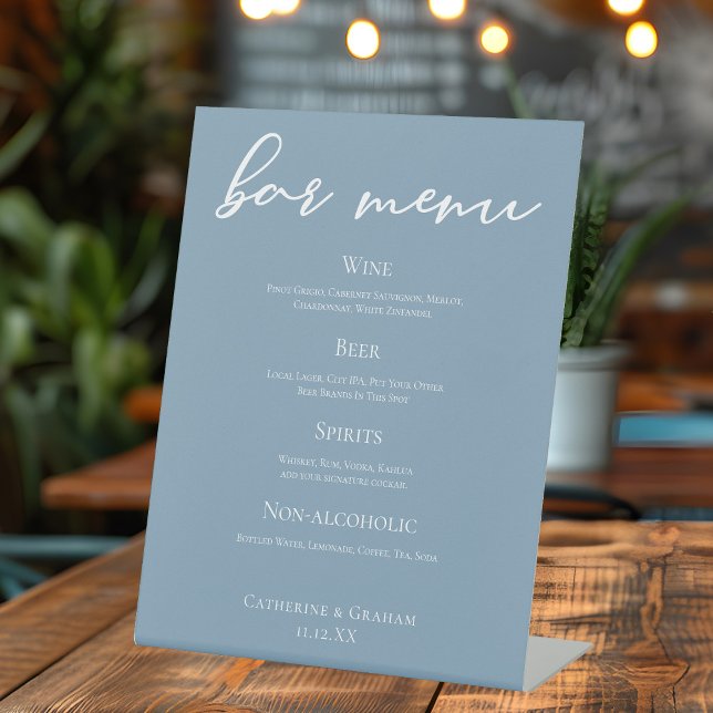 Dusty Blue White Wedding Bar Menu Pedestal Sign (Creator Uploaded)
