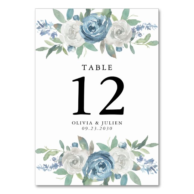 Dusty Blue & White Wedding Table Number Cards (Front)