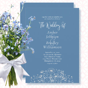 Dusty Blue White Wildflower QR Code Photo Wedding Invitation