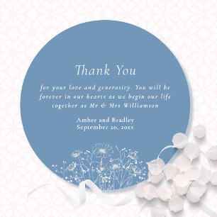 Dusty Blue White Wildflower Wedding Thank You Classic Round Sticker