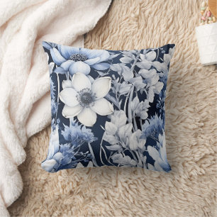 Dusty Blue White Winter Flowers Navy Cushion