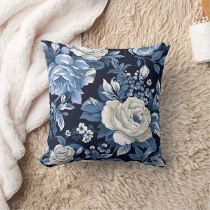 Dusty Blue White Winter Roses Navy Cushion