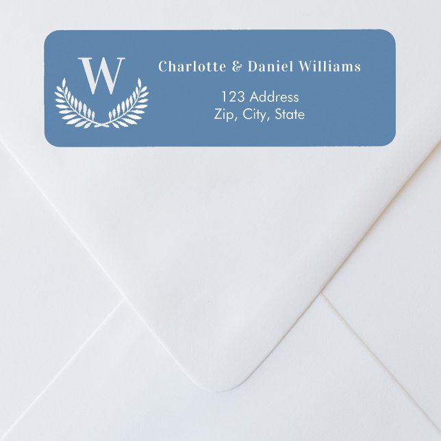 Dusty blue white wreath monogram return address label (Creator Uploaded)