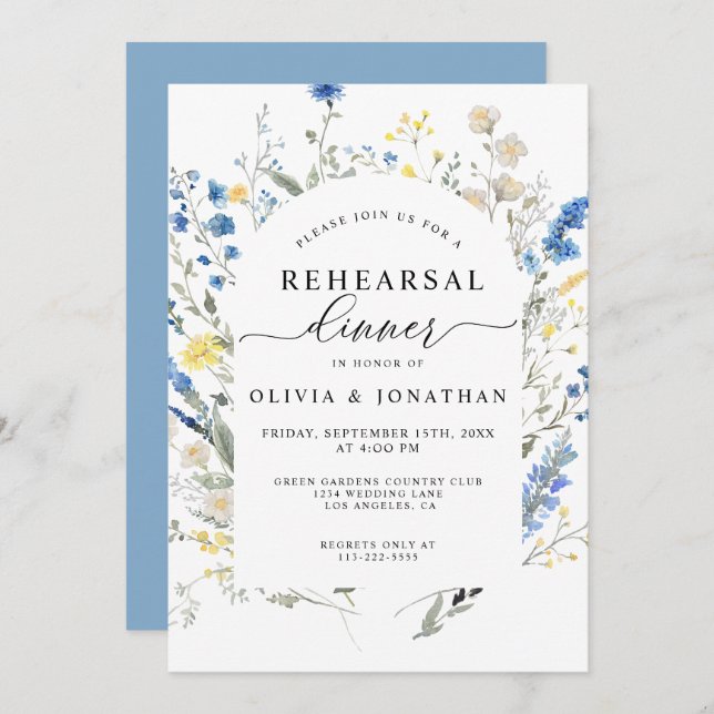 Dusty Blue Wild Flowers Floral Rehearsal Dinner Invitation (Front/Back)