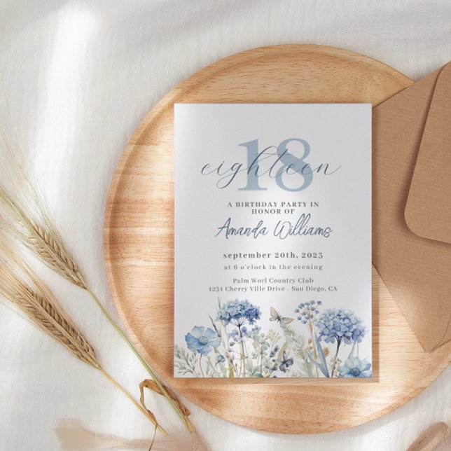 Dusty Blue Wildflower 18th Birthday Invitation (Creator Uploaded)