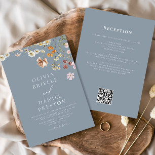 Dusty Blue Wildflower All in One QR Code Wedding Invitation