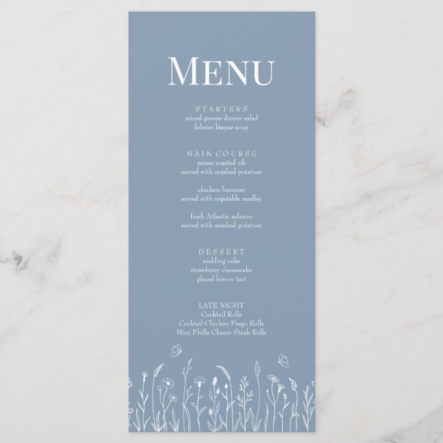 Dusty Blue Wildflower and Butterflies Menu Card (Front)