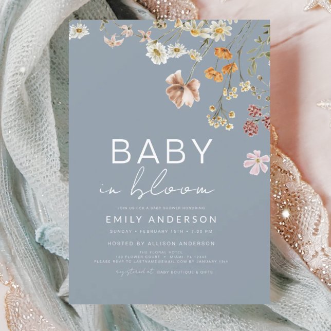 Dusty Blue Wildflower Baby in Bloom Baby Shower Invitation (Creator Uploaded)