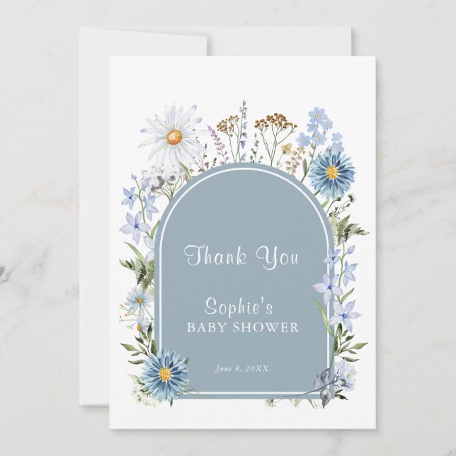 Dusty Blue Wildflower Baby In Bloom Baby Shower  Thank You Card (Front)