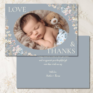 Dusty Blue Wildflower Baby Shower Photo Thank You Card