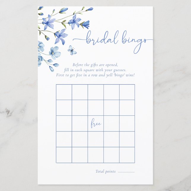 Dusty Blue Wildflower Bingo Bridal Shower Game (Front)