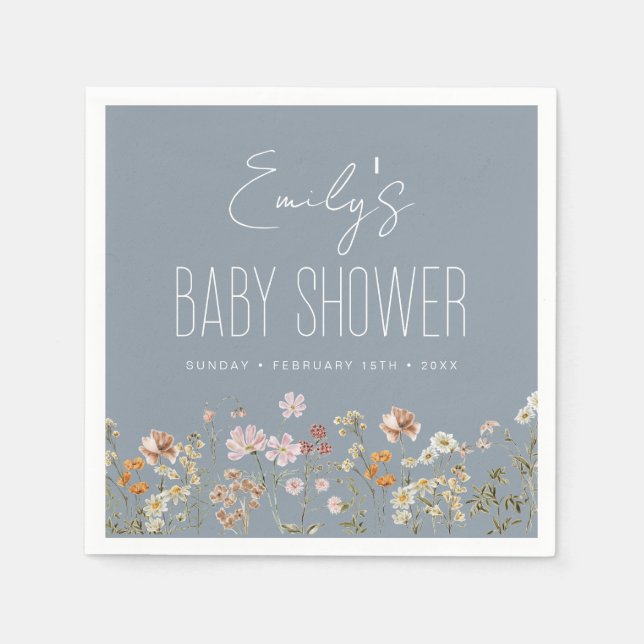 Dusty Blue Wildflower Boho Baby Shower In Bloom Napkin (Front)