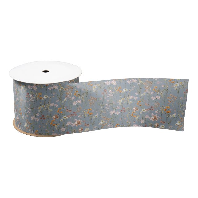 Dusty Blue Wildflower Boho Bloom Garden Boho Satin Ribbon (Spool)