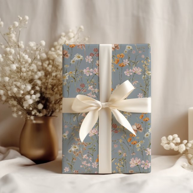 Dusty Blue Wildflower Boho Bloom Garden Boho Wrapping Paper (Creator Uploaded)