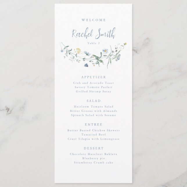 Dusty Blue Wildflower Boho Wedding Guest Name Menu (Front)
