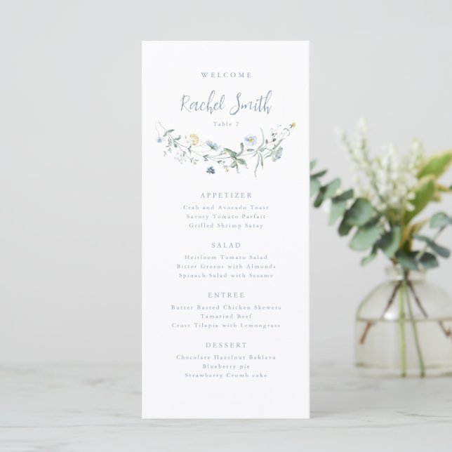 Dusty Blue Wildflower Boho Wedding Guest Name Menu (Standing Front)