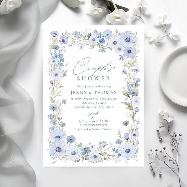 Dusty Blue Wildflower Border Couples Shower Invitation (Dusty Blue Wildflower Border Couples Shower Invitation)