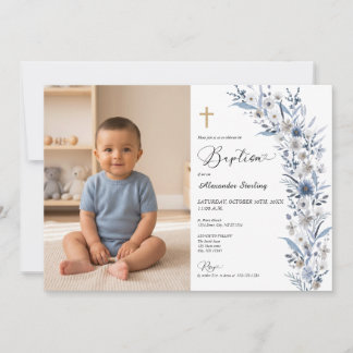 Dusty Blue Wildflower Boy Baptism Photo Invitation