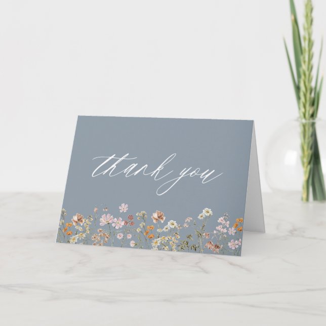 Dusty Blue Wildflower Bridal Shower Garden Thank You Card (Front)