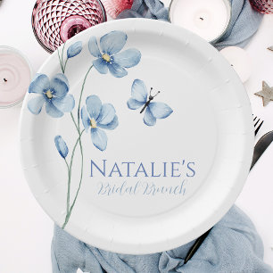 Dusty Blue Wildflower Butterfly Bridal Shower Paper Plate