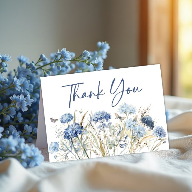 Dusty Blue Wildflower & Butterfly Wedding Thank You Card (Creator Uploaded)