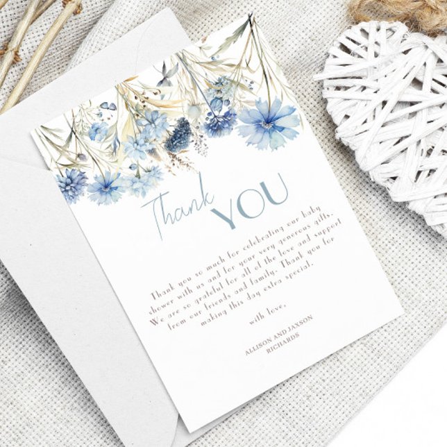 DUSTY Blue Wildflower Elegant Baby Shower Thank You Card (Creator Uploaded)