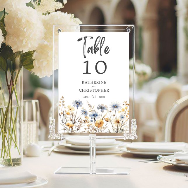 Dusty Blue Wildflower Elegant Wedding Reception Table Number (Dusty Blue Watercolor Wildflowers Elegant  Wedding Reception Table Number with Couple Names, Date.)