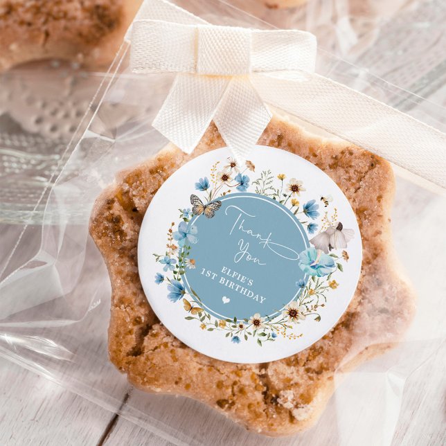 Dusty Blue Wildflower Fairy Princess Birthday Classic Round Sticker (Creator Uploaded)