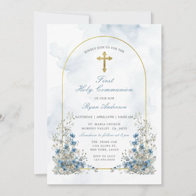 Dusty Blue Wildflower First Holy Communion  Invitation (Front)