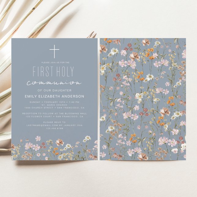 Dusty Blue Wildflower First Holy Communion Invitation (Creator Uploaded)