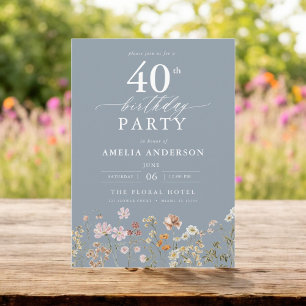 Dusty Blue Wildflower Floral 40th Birthday Invitation