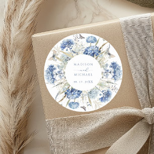 Dusty Blue Wildflower Floral Boho Wedding Classic Round Sticker