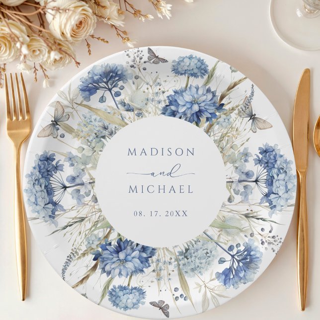 Dusty Blue Wildflower Floral Boho Wedding Paper Plate (Creator Uploaded)