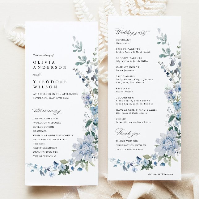Dusty Blue Wildflower Floral Wedding Ceremony Program (Dusty Blue Wildflower Wedding Program Card, Blue Floral Ceremony Program, Party Program Stationery)