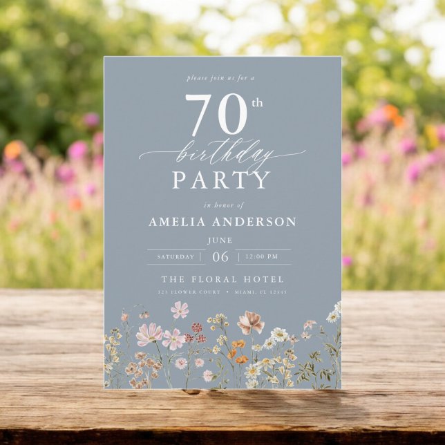 Dusty Blue Wildflower Garden Floral 70th Birthday Invitation (Creator Uploaded)