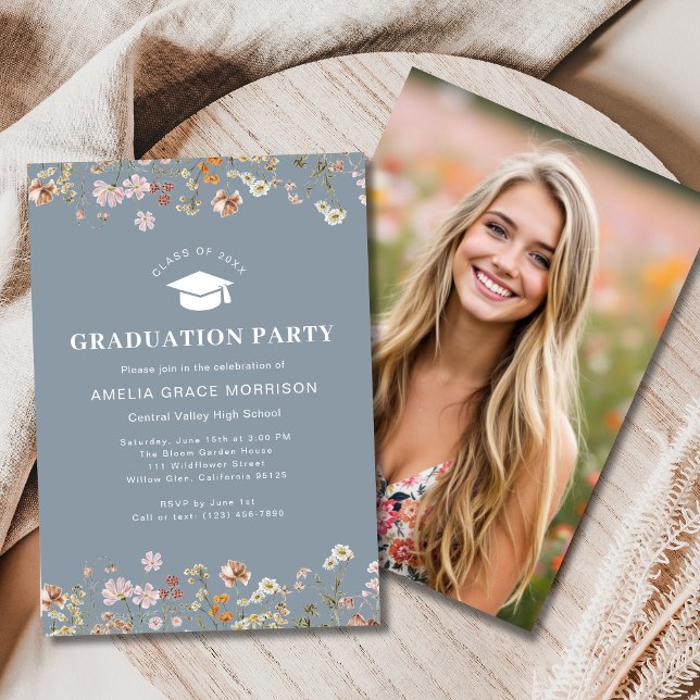 Dusty Blue Wildflower Graduation Party Boho Bloom Invitation (Creator Uploaded)