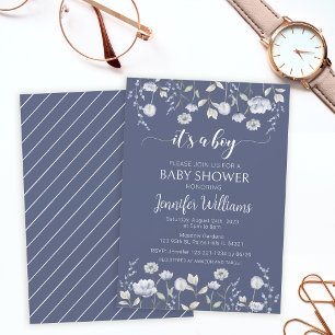 Dusty blue wildflower its a boy baby shower invitation