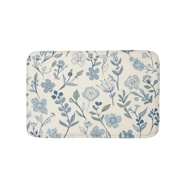 Dusty Blue Wildflower Meadow Botanical Pattern Bath Mat (Front)